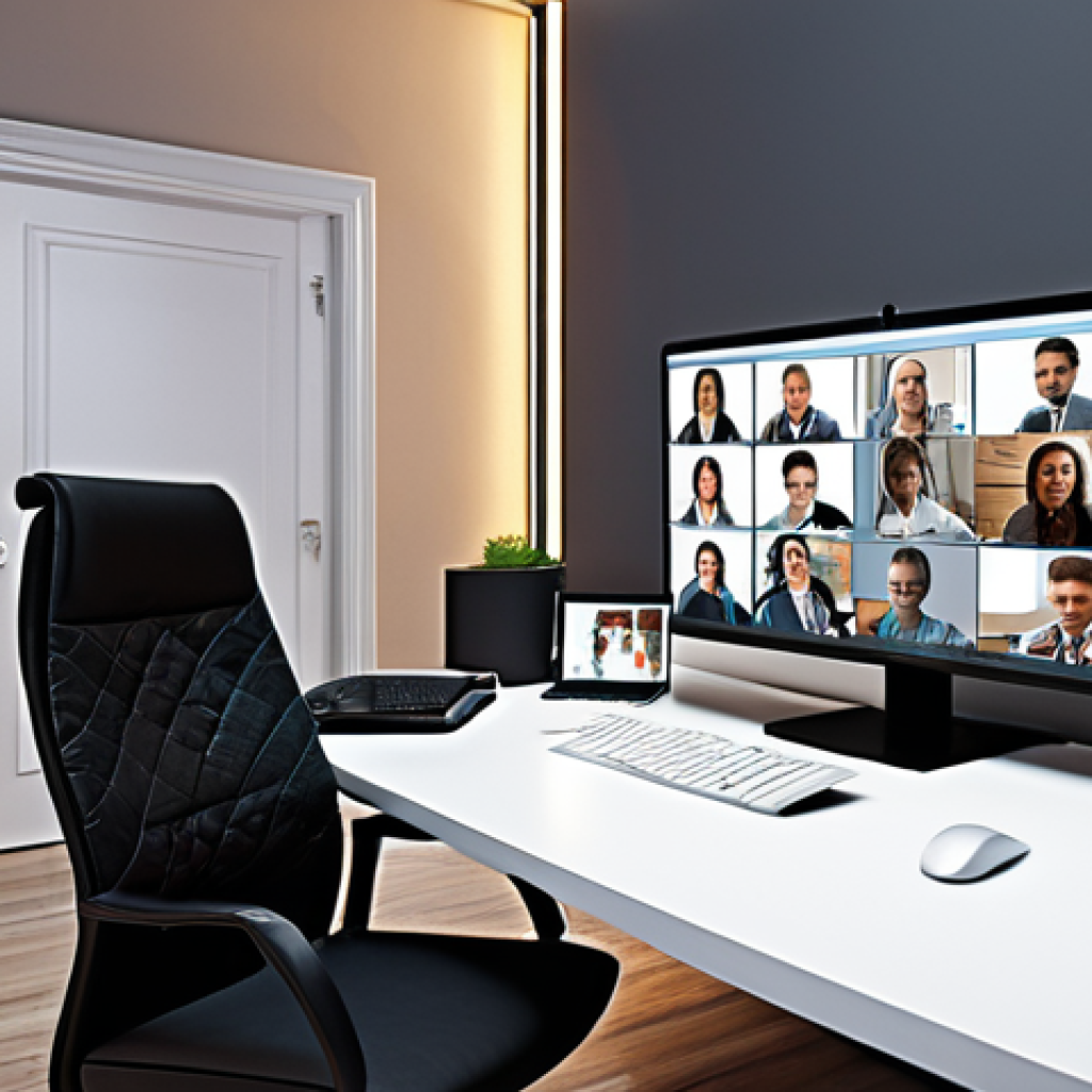 **A well-organized remote meeting workspace:** Clean desk, comfortable chair, good lighting, computer with video conferencing software open, displaying participants engaged in a discussion. The overall feel should be productive and inviting.