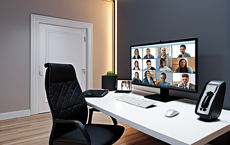 **A well-organized remote meeting workspace:** Clean desk, comfortable chair, good lighting, computer with video conferencing software open, displaying participants engaged in a discussion. The overall feel should be productive and inviting.