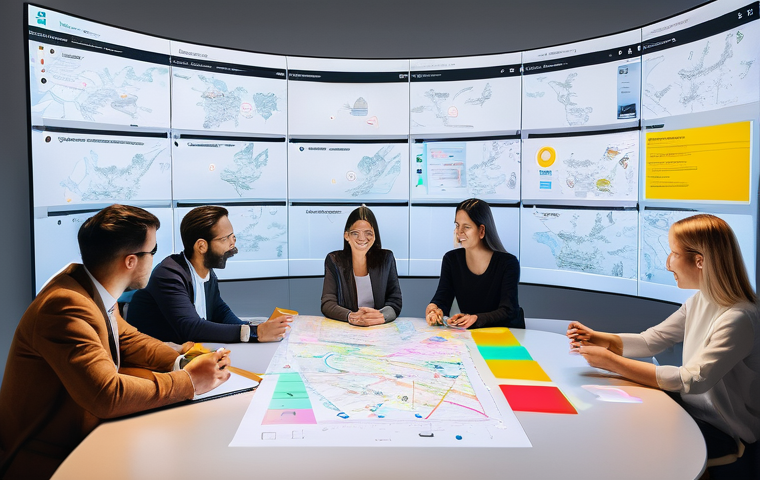원격 협업 도구를 통한 혁신적인 아이디어 생성 - **Immersive Virtual Whiteboard Collaboration:** A vibrant, dynamic overhead shot capturing a diverse...